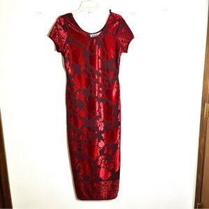 Vintage 90s grunge goth velvet burnout, midi dress sz 12 petite bodycon long red